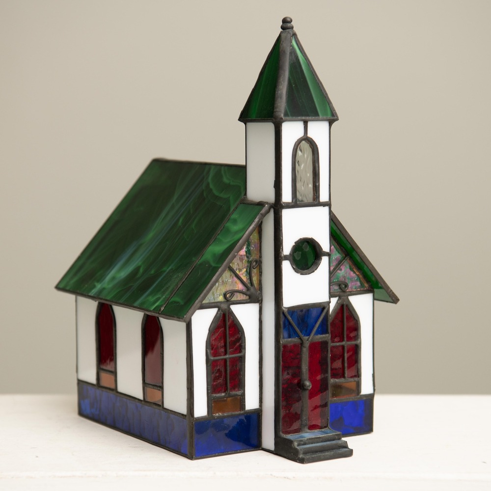 VTG Stained Glass Tiffany Style Church Lighted w/ Box Folk Art Country Christmas